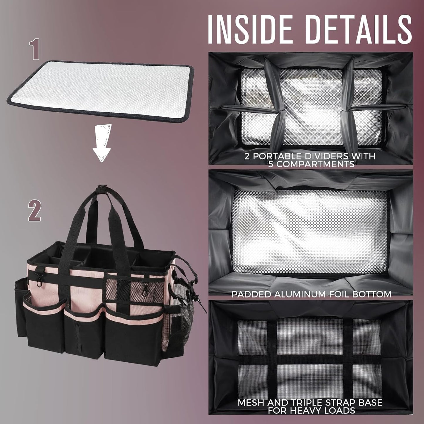 Wearable Cleaning Caddy, Cleaning Caddy Supplies Organizer with Handle & Shoulder Straps for Housekeepers, Under Sink & Car Cleaning Tool Organizers Bag with 4 Foldable Divider (Pink)