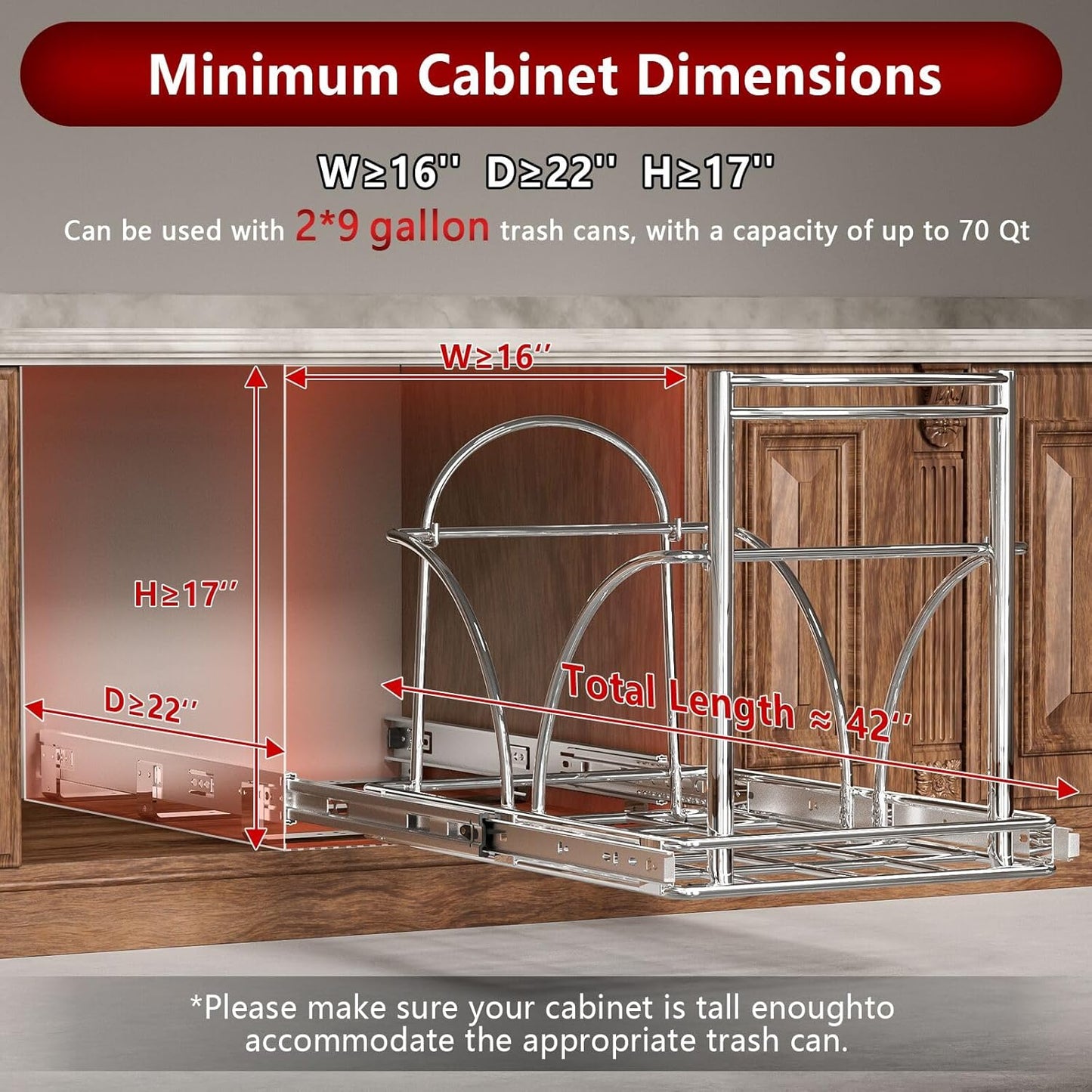 Dual Under Sink Trash Can Heavy Duty Pull Out Trash Can Under Cabinet, Fits 2x35Qt (7-9 Gal) Commercial Trash Cans Cabinet Trash Bin Pull Out Kit Requires ≥ 22''Dx 16''Wx 17''H, No Can (Silver)