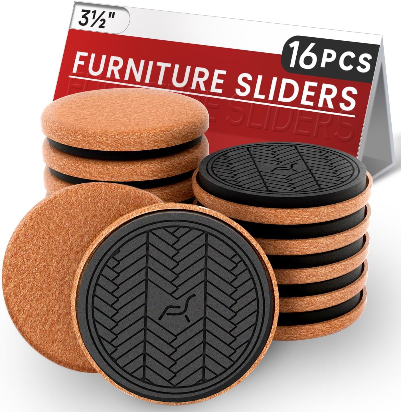 Felt Furniture Sliders for Hardwood Floors, PISAO 16 PCS 3 ½” Heavy Duty Furniture Movers - Unique Non-Scratch Design, Thick Felt Pads for Hard Surfaces, Move Large Furniture Easily