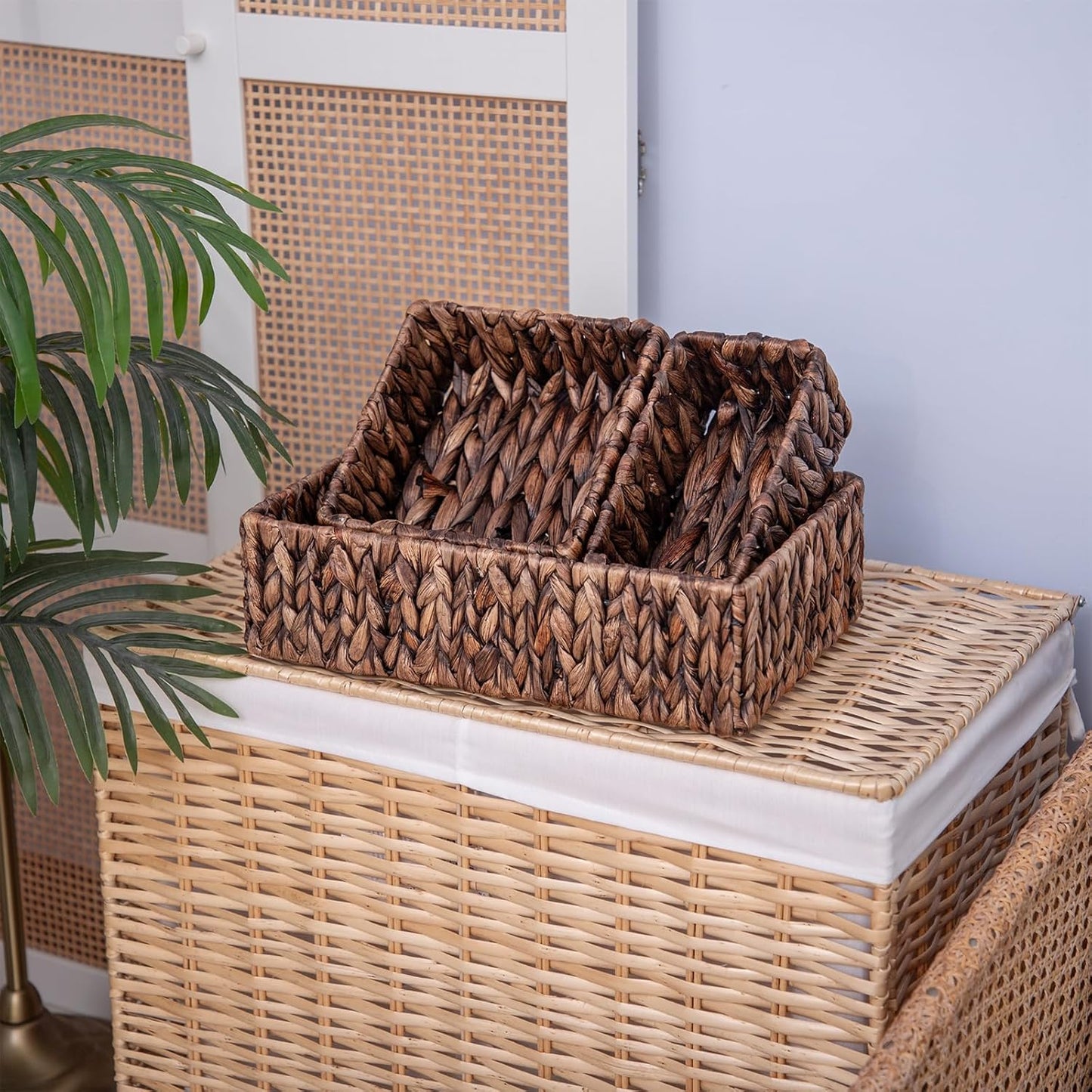 Handwoven Wicker Storage Baskets Set, Natural water hyacinth & Iron Frame | Triple Sizes (Small, Medium, Large) for Home Organizing, Bathroom, Shelves | Woven Baskets for Storage & Decor (Dark Brown)