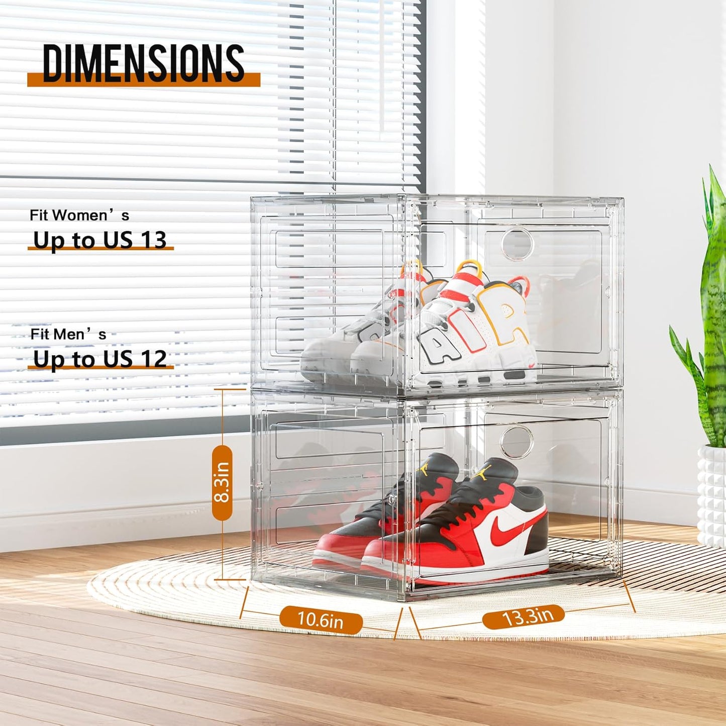 KEFA XL Shoe Storage Box Organizer, 6 Pack Shoe Boxes Clear Plastic Stackable, Sneaker Display Case Container Fit for US 13 (Side 6 PACK CLEAR)