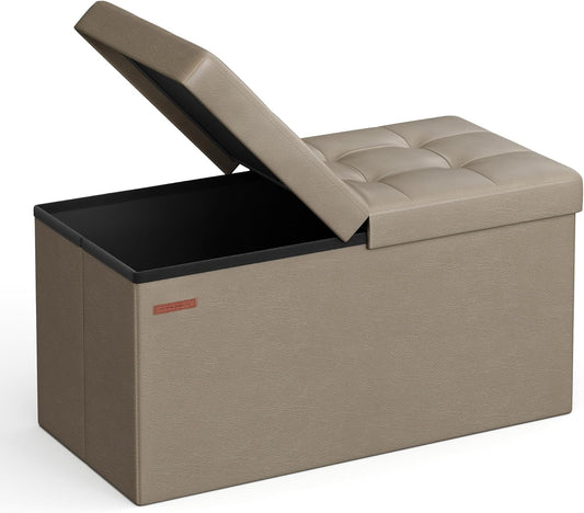 SONGMICS MAZIE Collection - 30 Inches Storage Ottoman Bench with Flipping Lid, Storage Chest Footstool, Load 660 lb, for Entryway, Living Room, Bedroom, Synthetic Leather, Camel Brown ULSF045K03