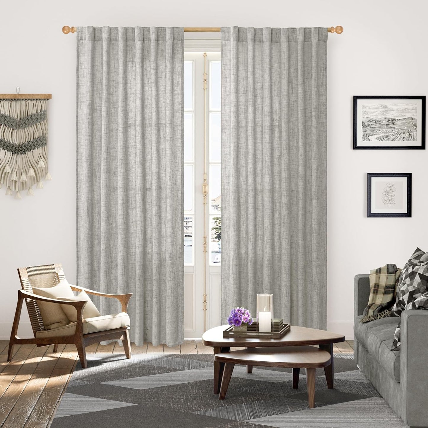 YoungsTex Dark Grey Linen Curtains 80 Inch Length for Living Room, Light Filtering Semi Sheer Window Drapes Rod Pocket Back Tab Curtain for Bedroom Office Rustic Privacy, 2 Panels, 52 X 80 Inch