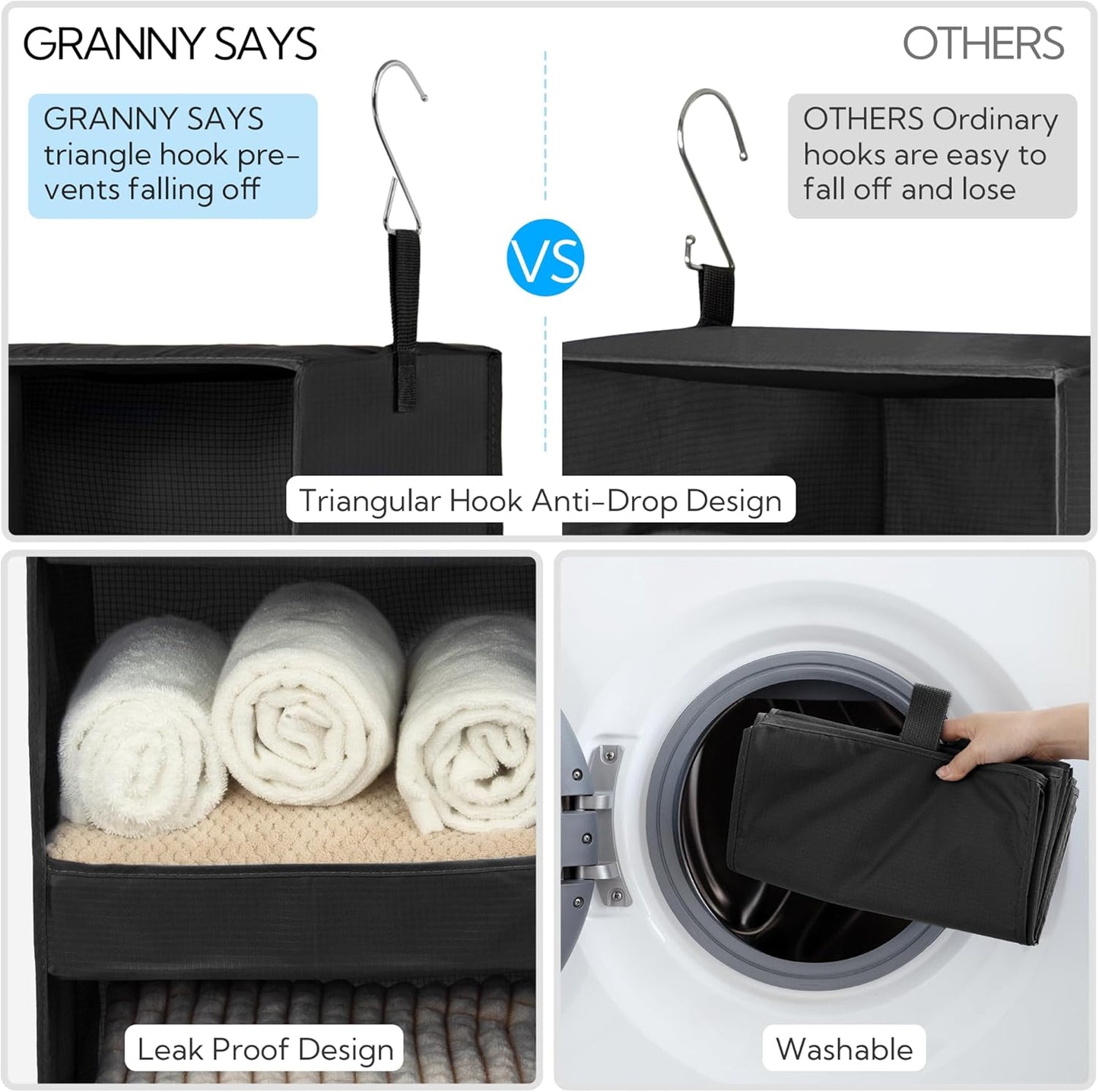 GRANNY SAYS 3-Shelf Hanging Closet Organizer, Collapsible Closet Hanging Shelves, Nursery Hanging Organizer, Black, 29 ½" H X 12" W X 12" D, 1-Pack