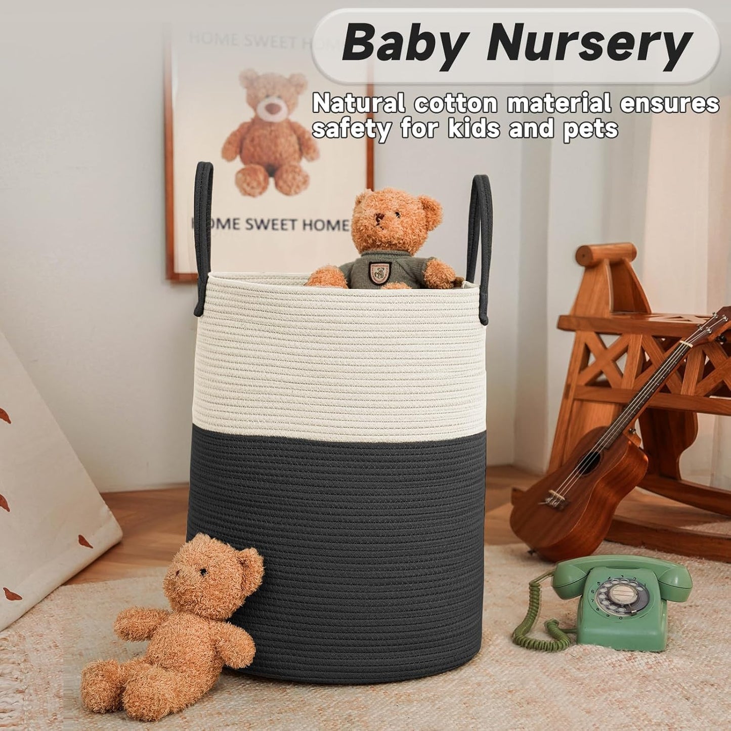 Large Woven Laundry Basket Hamper,100L Cotton Rope Storage Bin for Blankets,Toys and Clothes,Decorative Tall Nursery Hamper for Living Room,Baby Nursery,Bathroom and Bedroom,White and Black