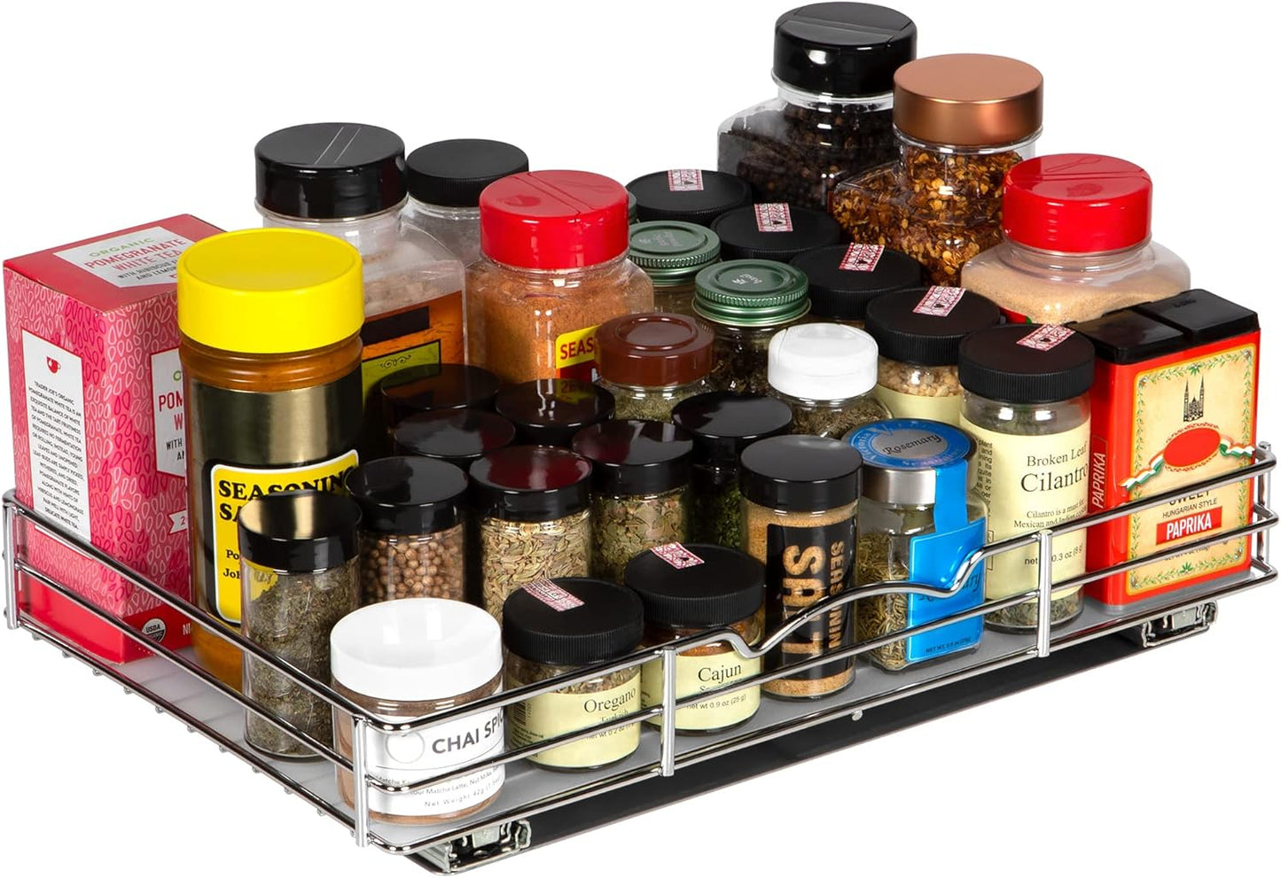 Pull Out Cabinet Organizer for Spices, Cans - Heavy Duty with Lifetime Limited Warranty- Pull Out Spice Rack- Cabinet Pull Out Shelf for Cans,Dishes, Etc, 16-3/8"Wx 10-1/2"D x 2-3/4” H, Chrome