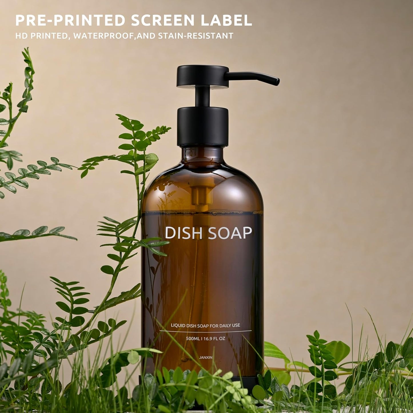 Glass Soap Dispenser Set by Janxin,Bathroom Soap Dispenser Set with Ceramic Tray,Luxury Bathroom Accessories,Modern Kitchen Decor (Amber(Dish Soap))