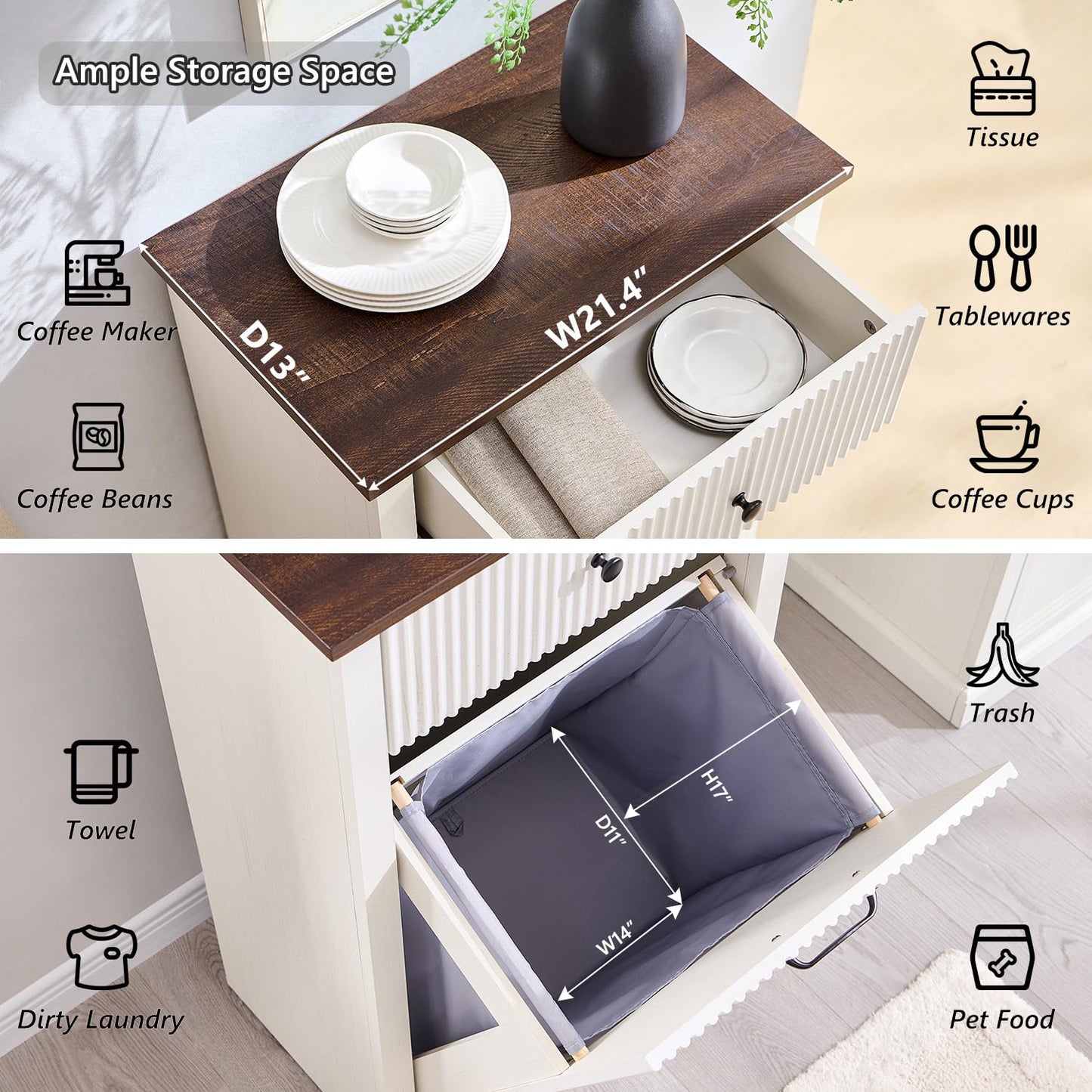 Modern Tilt-Out Trash Can Cabinet, 10 Gallon Fluted Laundry Hamper Cabinet with Drawers, Wooden Hidden Garbage Can Cabinets with Storage Basket, Free Standing for Kitchen and Living Room, White