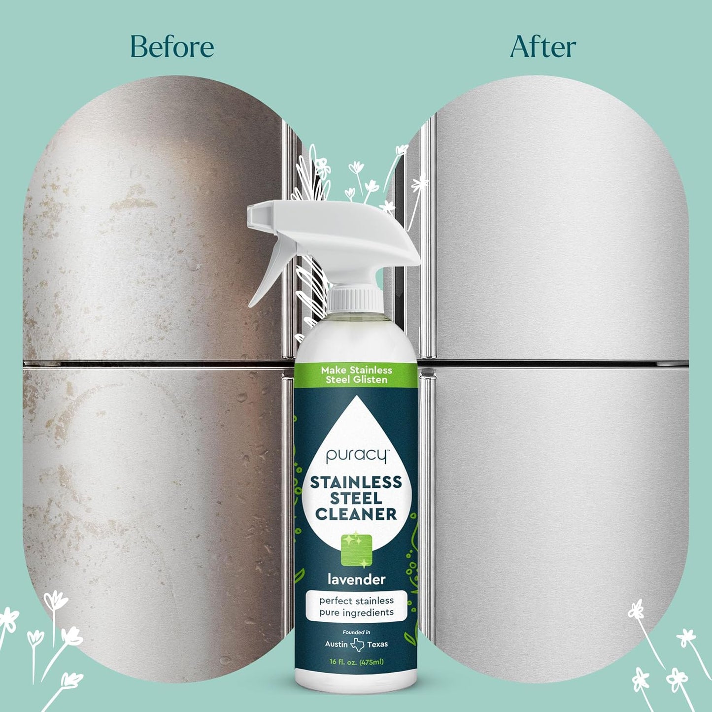 Puracy Stainless Steel Cleaner, Natural Stainless Steel Sink Cleaner, Stainless Steel Cleaner for Appliances, Sink Cleaner and Polish Kitchen Cleaner, Stainless Steel Refrigerator Spray (Lavender)