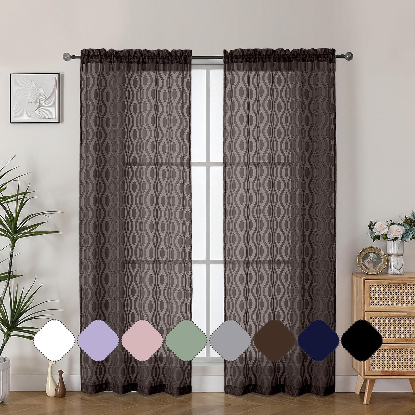Aiyufeng Brown Sheer Curtains 72 Inches Long 2 Panels, Lightweight Clip Jacquard Textured Sheer Privacy Curtains for Bedroom Living Room, Classic Wavy Line Design Door Curtains, 40" Wx72 L Inches