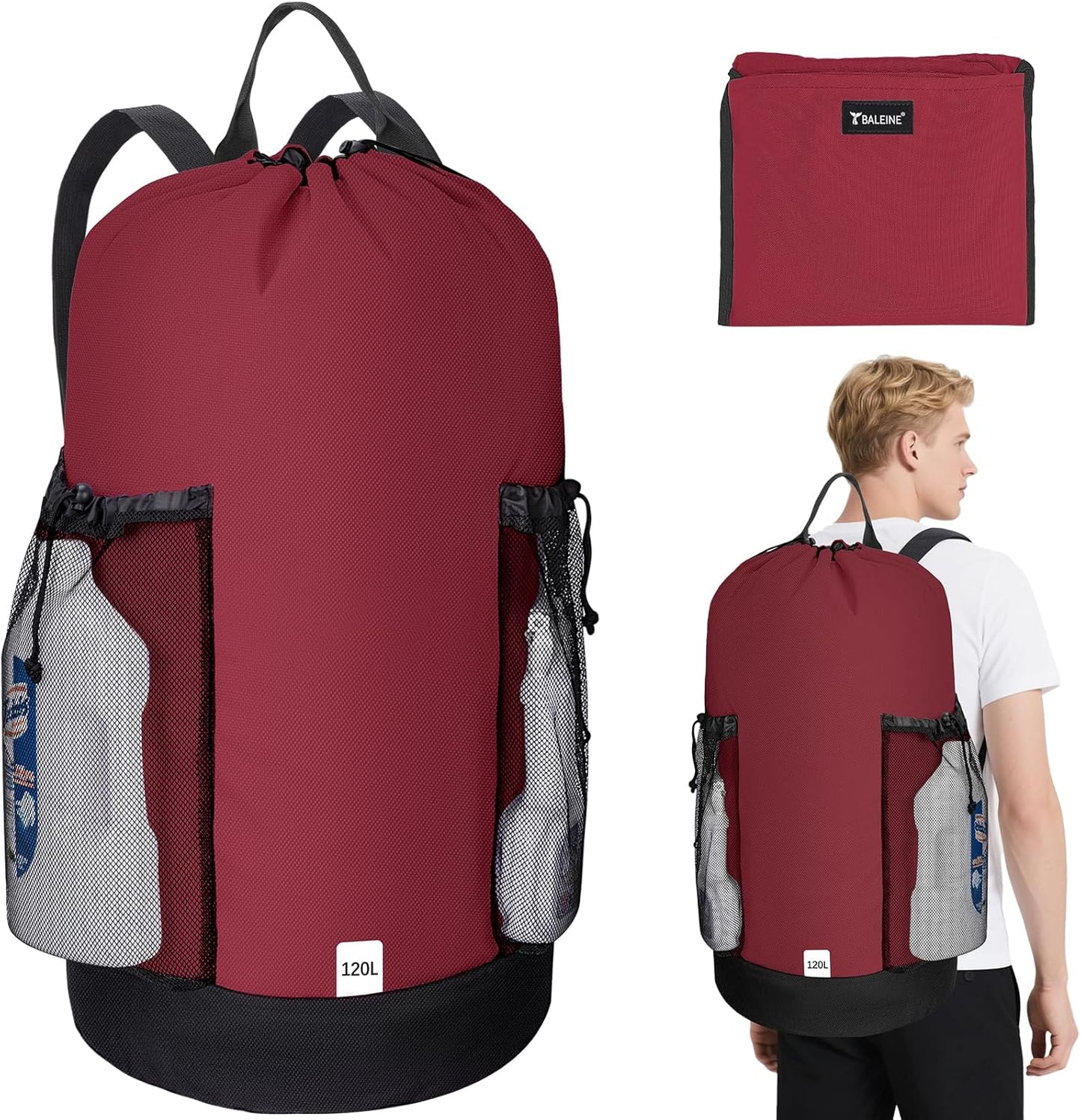 BALEINE 120L Laundry Bag Backpack, 900D Oxford Fabric Large Travel Laundry Bags with Shoulder Straps and 2 Mesh Pockets for College Dorm, Apartment, Laundromat (Red, 120L)