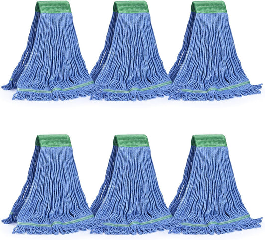 Matthew Cleaning Commercial Mop Head Replacement, 5 Inch Wide Headband, Looped End Cotton Blend String Wet Mops for Floor Cleaning, 18 oz Medium, 6-Pack Blue