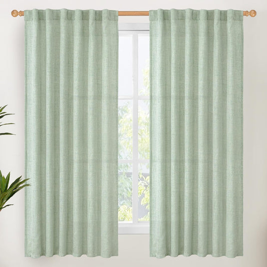 YoungsTex Sage Green Linen Curtains 63 Inch Length for Short Living Room, Semi Sheer Window Drapes Light Filtering with Back Tab Rod Pocket for Bedroom Spring Decor, 52 X 63 Inch, 2 Panels