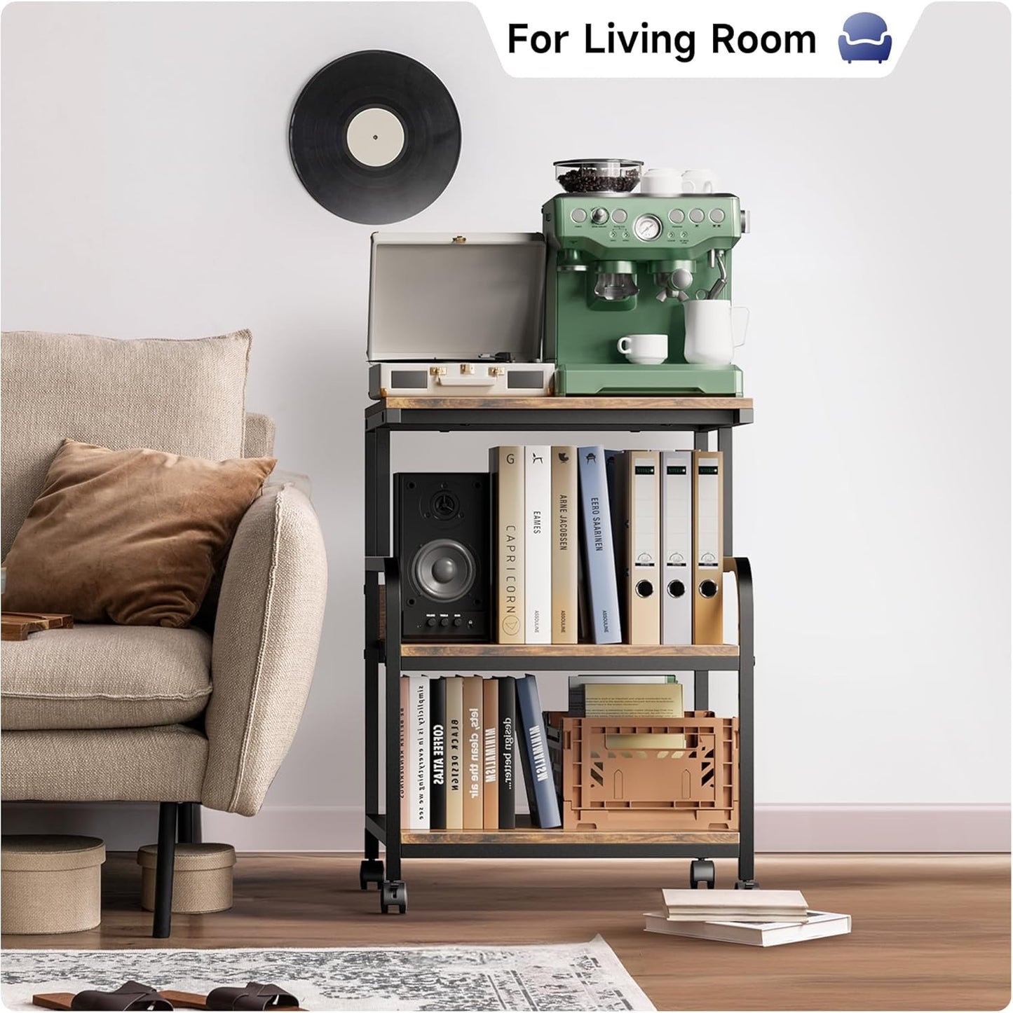 Warmiehomy Printer Stand, 20×16×28'' Printer Table with Wheels, 3 Tier Rolling Cart with Adjustable Storage Shelf, Space Saving 3D Desk for Home Office, Mini Fridge & Heat Press Stand, Rustic Brown