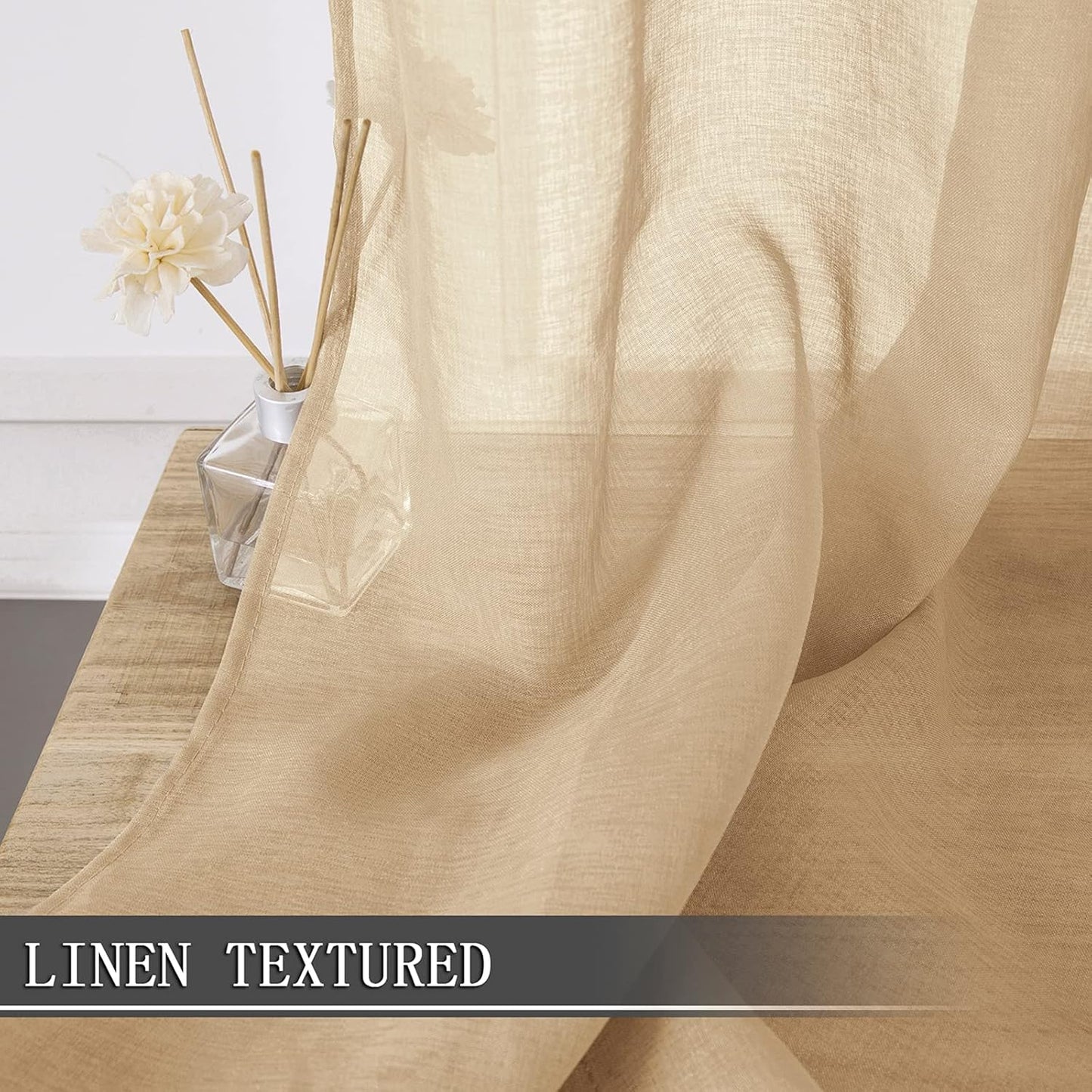 Tollpiz Sheer Curtains Living Room Linen Textured Curtain Sheers Light Filtering Voile Rod Pocket Curtains for Bedroom, 38 x 63 inches Long, Beige, Set of 2 Panels