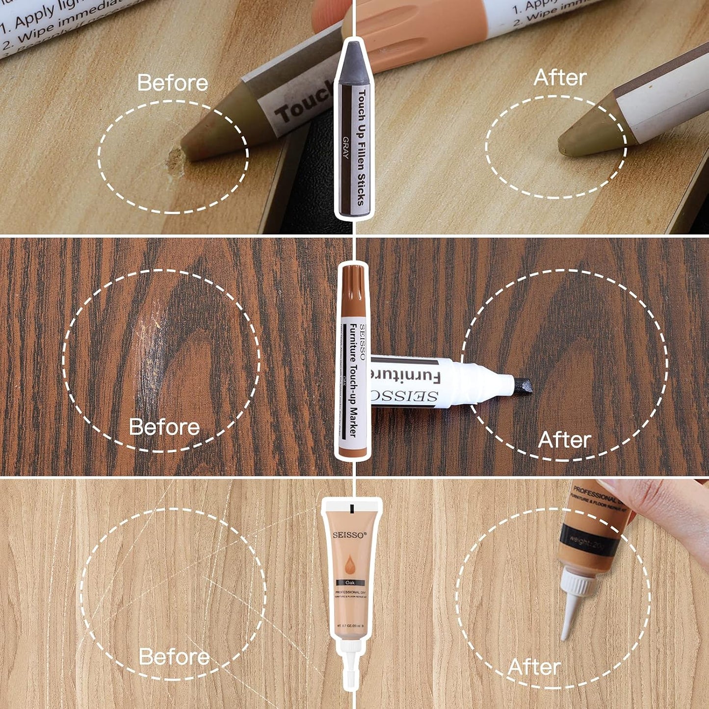 SEISSO Wood Furniture Repair Kit, 42 Pcs Wood Filler and Touch Up Markers with Wax Sticks, Vinyl Floor Repair Kit for Scratches, Cracks, Holes, Discoloration for Door, Stain, Floor, Table, Cabinet
