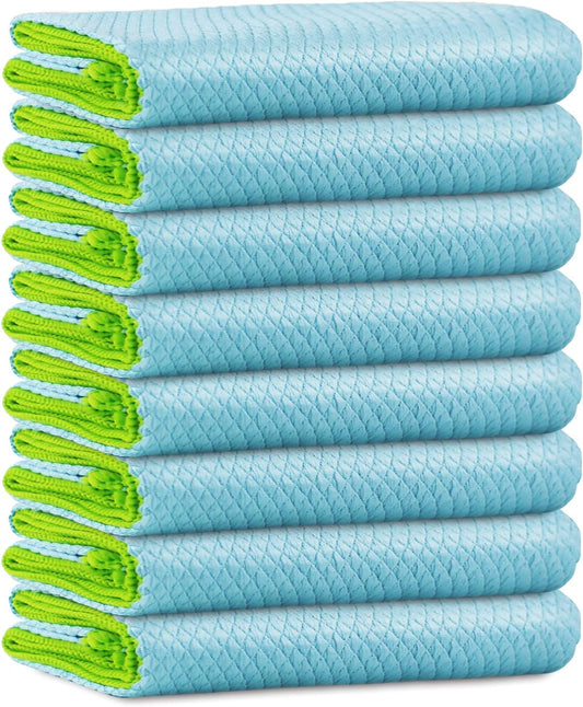 Microfiber Cleaning Cloth Lint Free Glass Cleaner Window Polishing Streak Free Miracle Easy Clean Rag Reusable for Mirror Kitchen Dish Auto Detailing,Pack of 8, 12'' x 16'', Light Blue