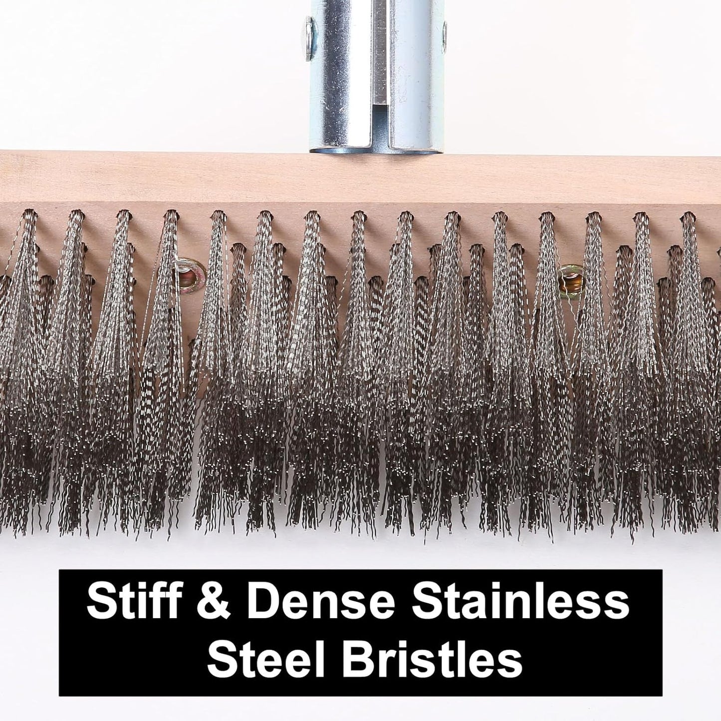 MAXMAN Stainless Steel Floor Scrubber Scrub Brush with Long Handle, Deck Brush, 63" Heavy Duty Outdoor Push Broom, Moss Remover, Wire Scratch Brush for Scrubbing Concrete, Patio, Garage, 2 Brush Head