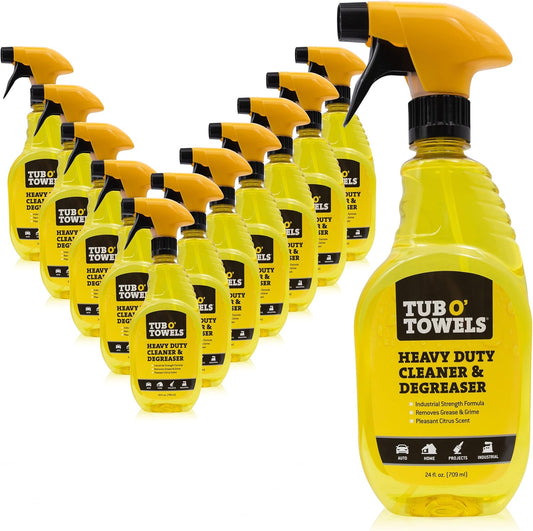 Tub O' Towels Heavy Duty Cleaner and Degreaser Spray Helps in Removing Oil Tar Paint Dirt Caulk Grease Grime Gunk Epoxies, Industrial Strength, Home & Auto, Made In USA, Citrus Scent, 24oz, 12-Pack