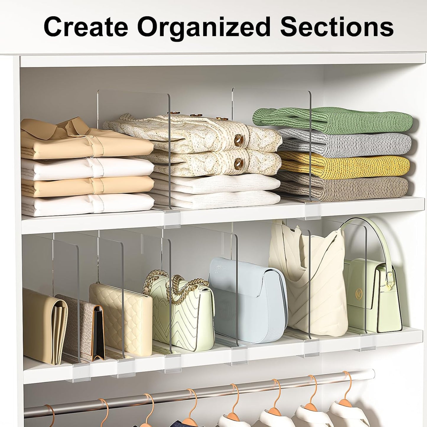 Shelf Dividers Purse Organizer for Closet: 8-Pack Acrylic Bag Storage Organizer for Handbags, Clutches, Clothes, Sweater, Towel on Wood Shelves