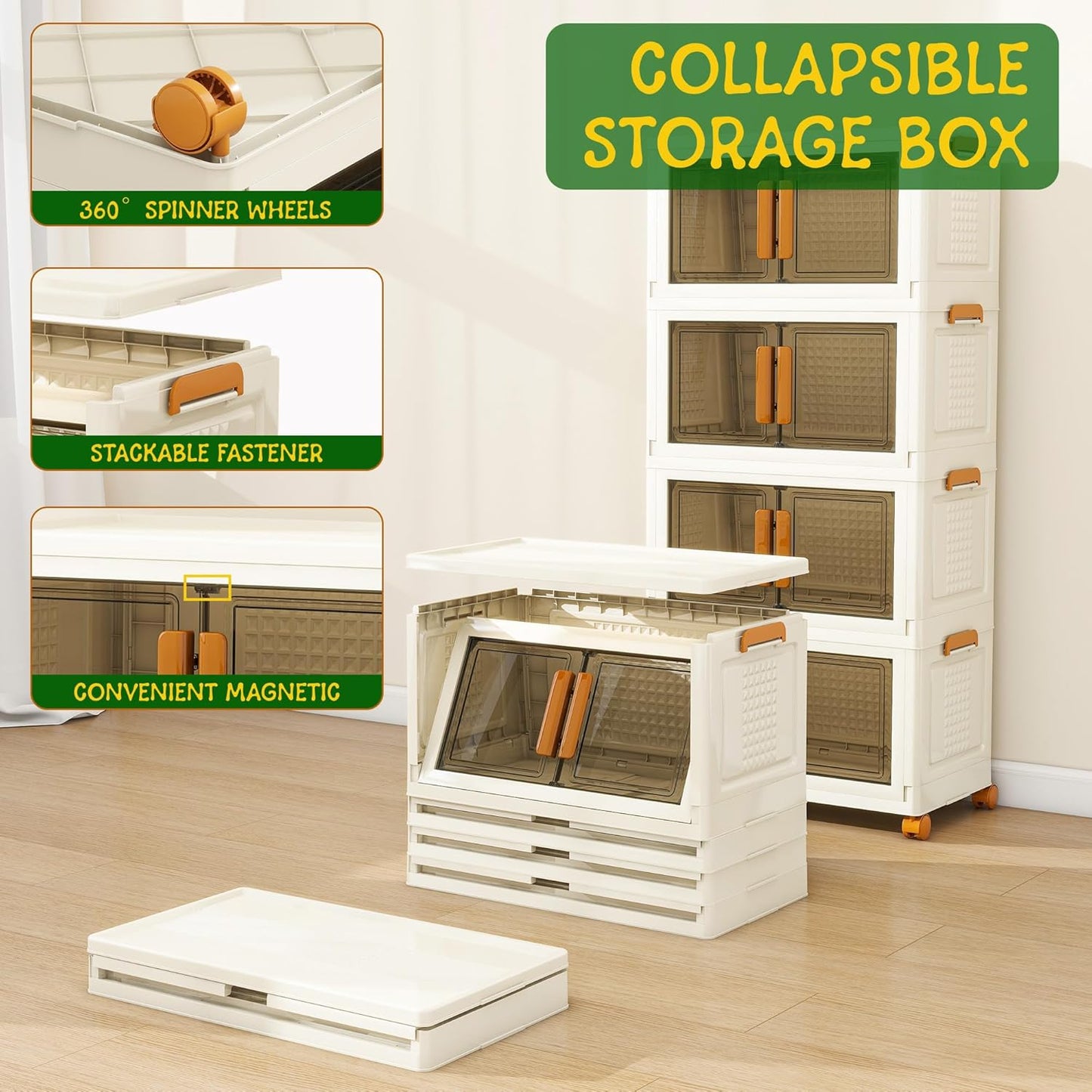 4 Tier Large Stackable Plastic Storage Bins with 1 Lid 95 QT/Tier, Collapsible Plastic Box Storage Bin with Wheels, Home Containers Boxes Closet Organizers for Living Room, Office, Dorm