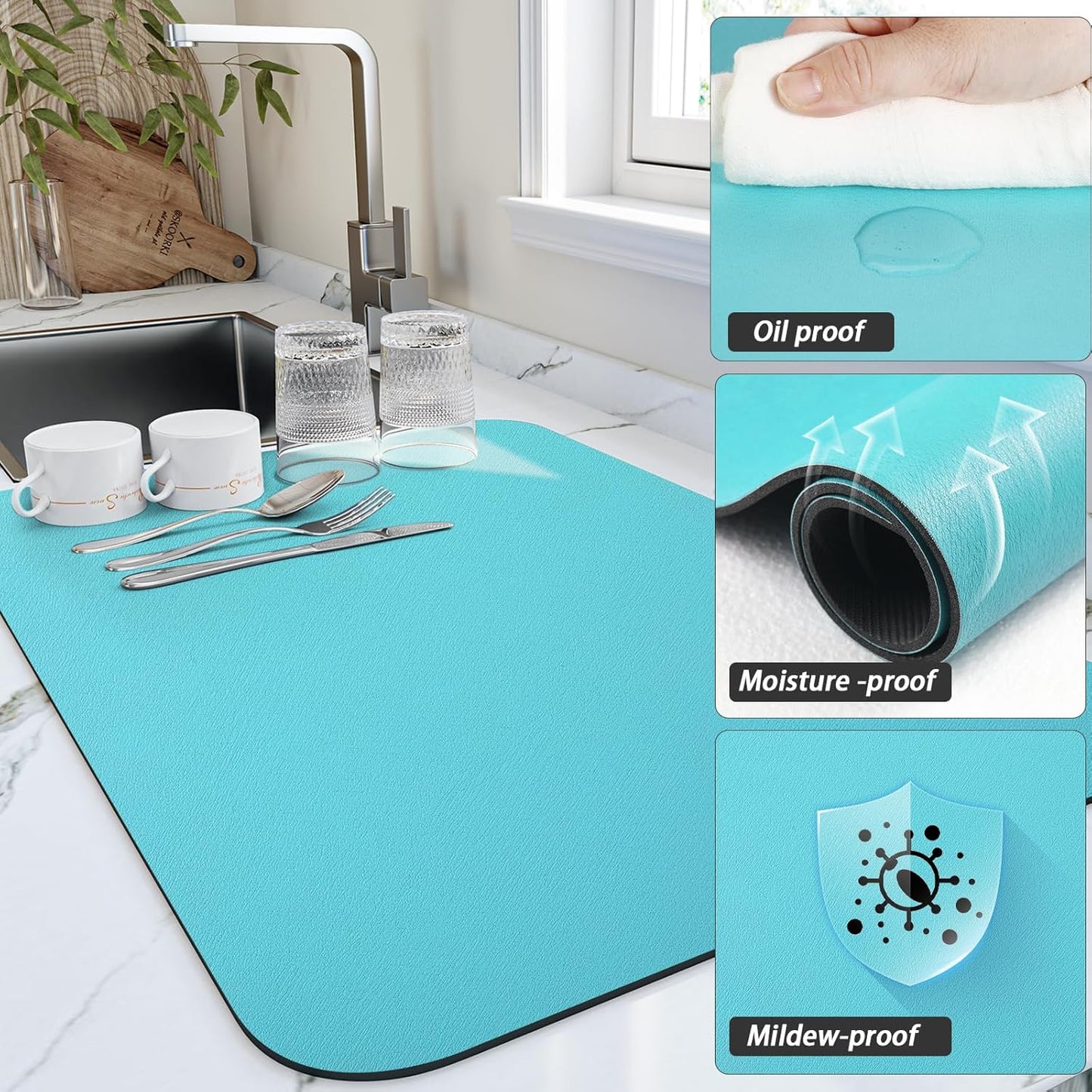 Dish Drying Mat for Kitchen Counter, Heat Resistant Drainer Mats with Non-slip Rubber Backed, Hide Stain Kitchen Super Absorbent Draining Mat, Easy to Clean Dish Rack Pad, Teal 16"x20"