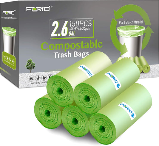 FORID 2.6 Gallon Compostable Garbage Bags, 150 Count, 5 Rolls – Green, Small, Durable, Thick, Unscented Trash Bags, 10 Liter - For Kitchen, Bathroom, Home, Office
