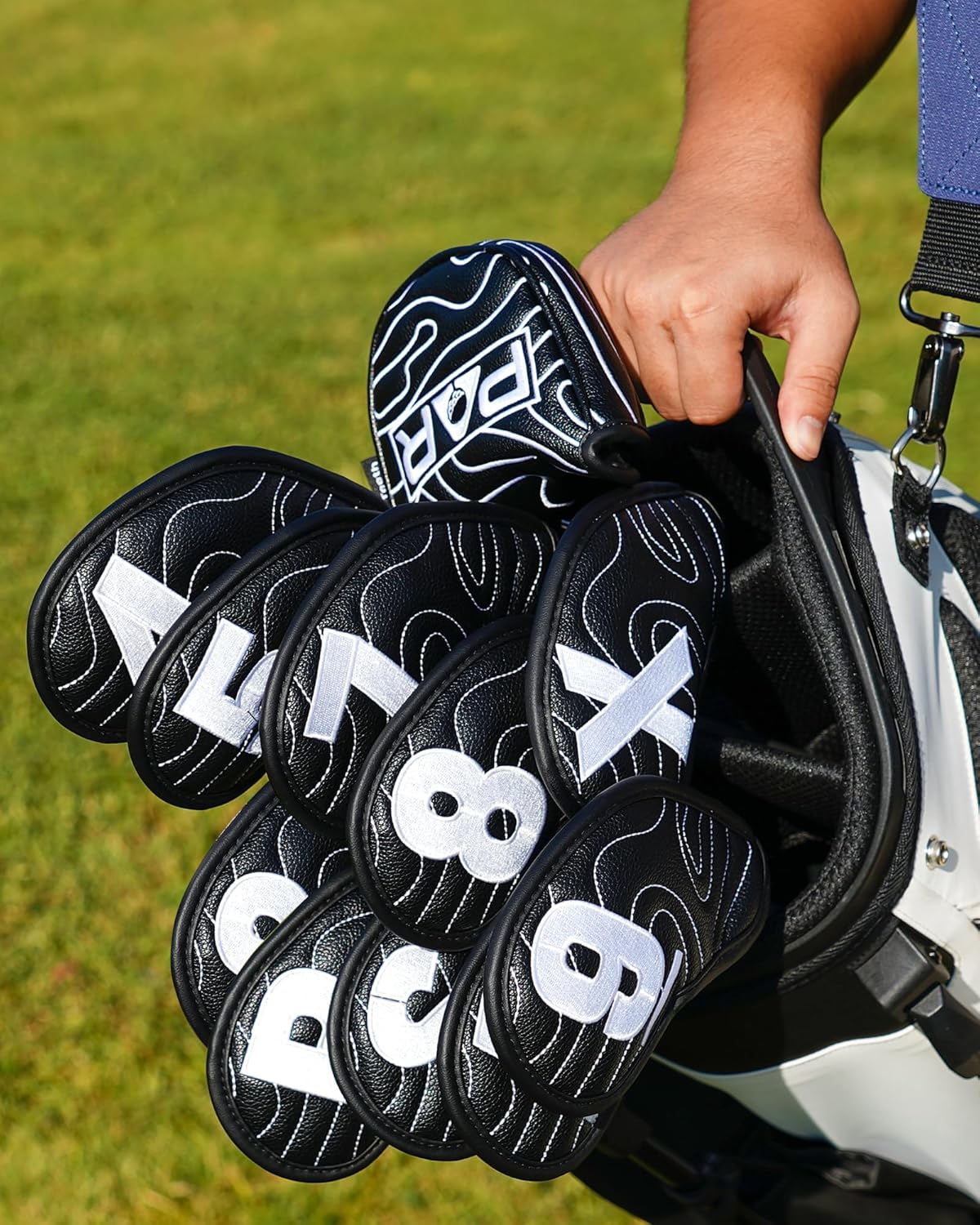 Big Teeth Golf Club Covers Full Set Driver Headcover Fairway Wood Hybrid Golf Club Iron Head Covers, Topographic Edition Putter Cover Leather Golf Head Covers Pure Black, Gifts for Men