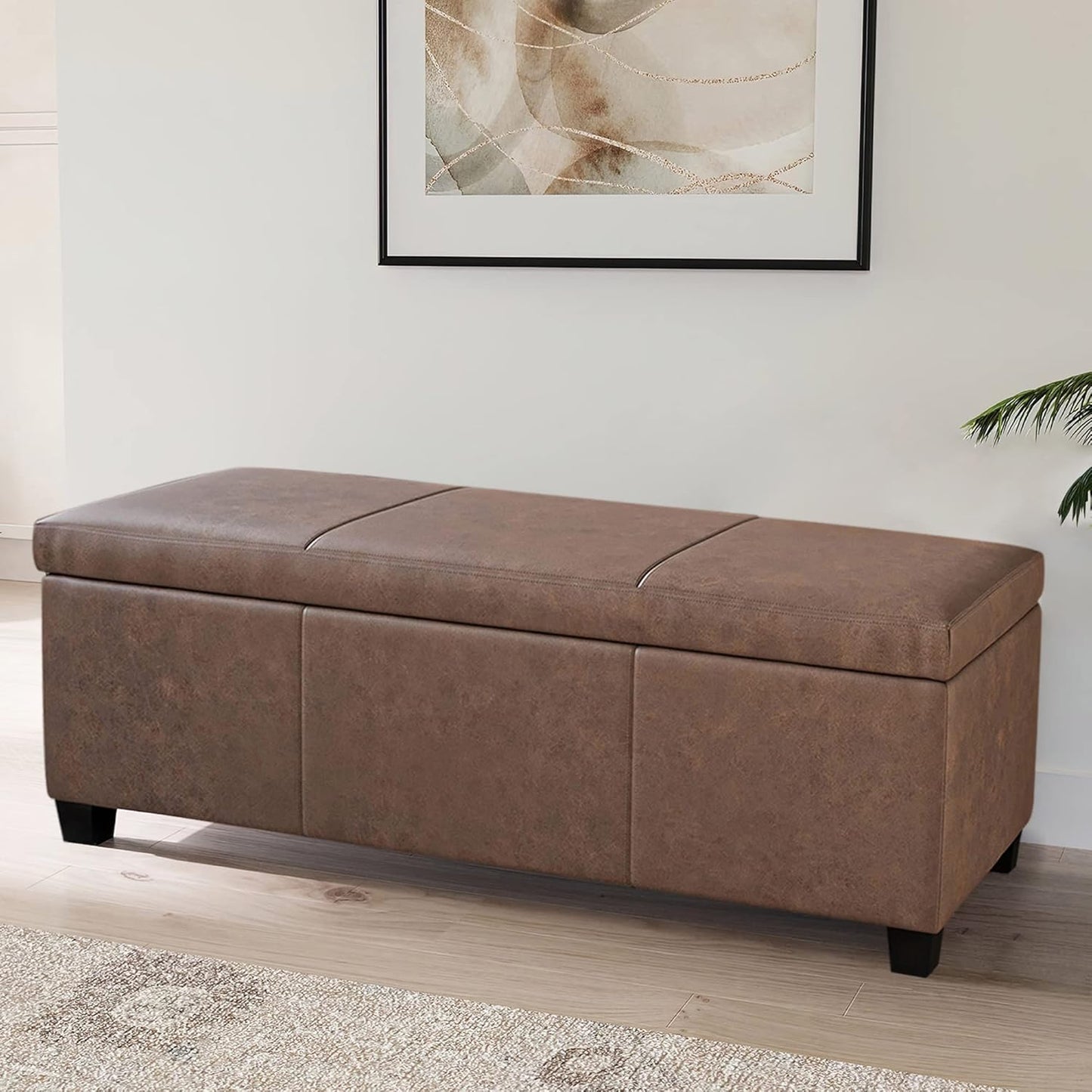 BELLEZE Storage Faux Leather Ottoman, 47 Inch Bench Bedroom Bench with Safety Close Hinge, Extra Long Ottoman with Storage for Living Room, Entryway, Foot Rest, Support 300lbs - Rustic Brown