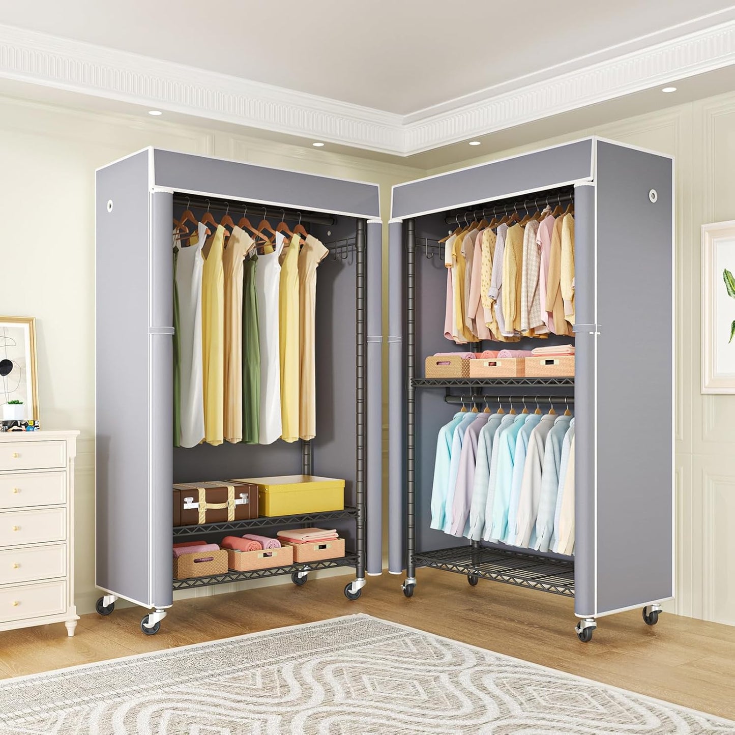 FUTASSI Black Clothing Rack with Grey Cover, P1C Rolling Closets with Wheels, Metal Garment Rack for Hanging Clothes, Clothing Storage Wardrobe, 36.2" W x 16.5" D x 80.5" H, Load 450 Pounds