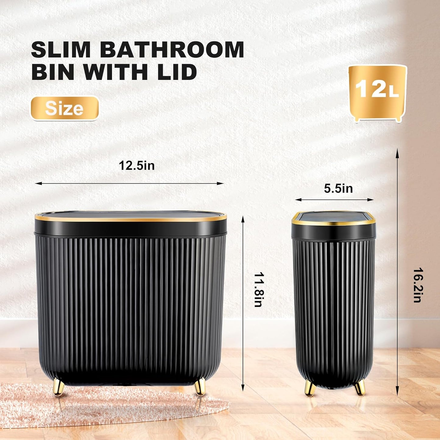 Bathroom Trash Can with Lid 3.1 Gallon Narrow Trash Can Small Plastic Trash Bin 12 Liter Rectangular Plastic Garbage Can with Press Type Lid for Bedroom Bathroom