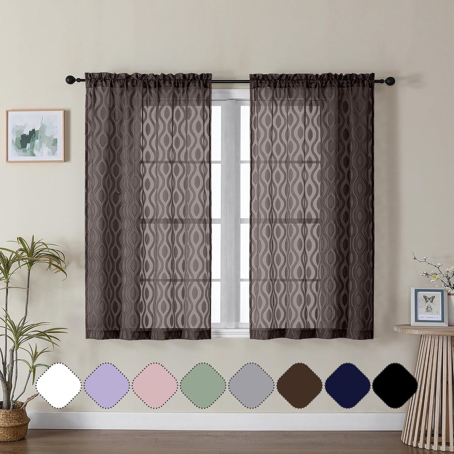 Aiyufeng Sheer Brown Curtains 45 Inch Length 2 Panels Set, Farmhouse Clip Jacquard Textured Short Sheer Curtains, Lightweight Chic Wavy Line Window Curtain Panels for Bedroom, 40" Wx45 L Inches