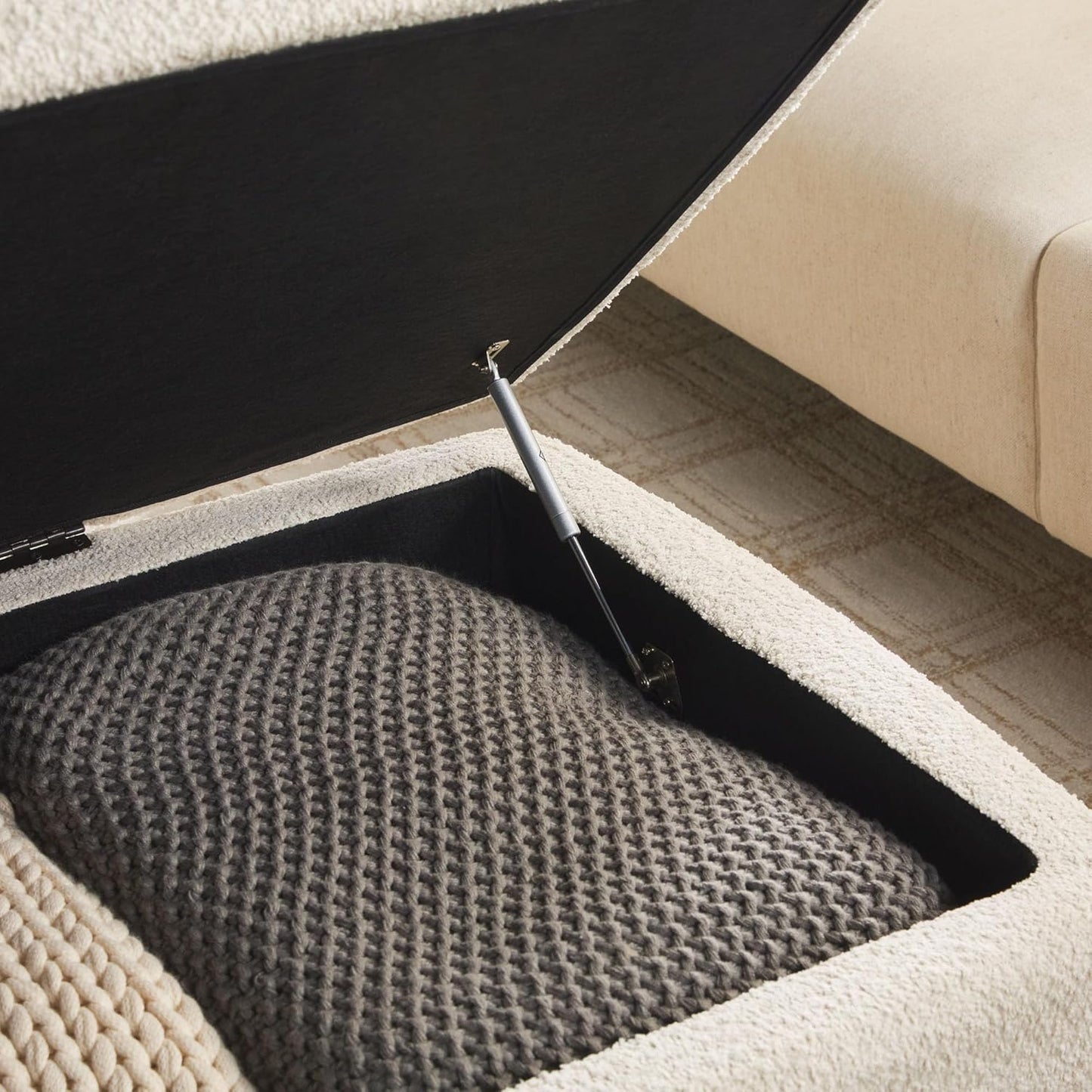 Walker Edison Linley Contemporary Large Storage Bouclé Ottoman with Wood Legs, Ivory