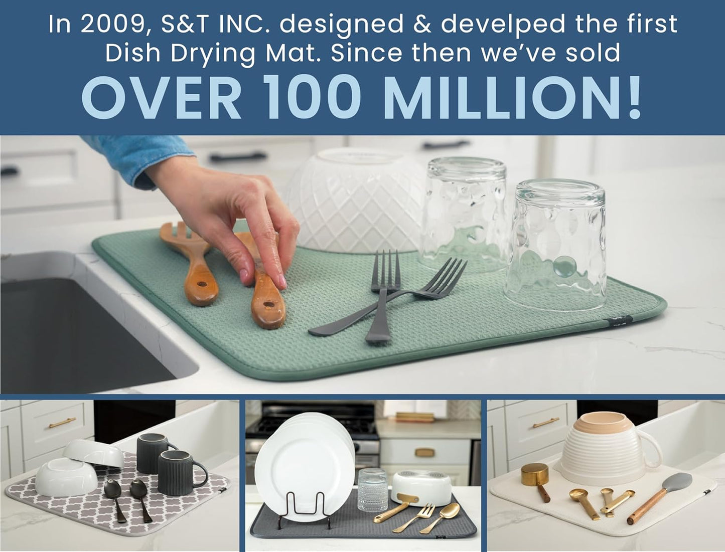 S&T INC. Dish Drying Mat, 16” x 18”, Absorbent Microfiber Kitchen Counter Mat, Dish Drying Pad for Dishes, Utensils, Pots and Pans, Large, Pure Cashmere