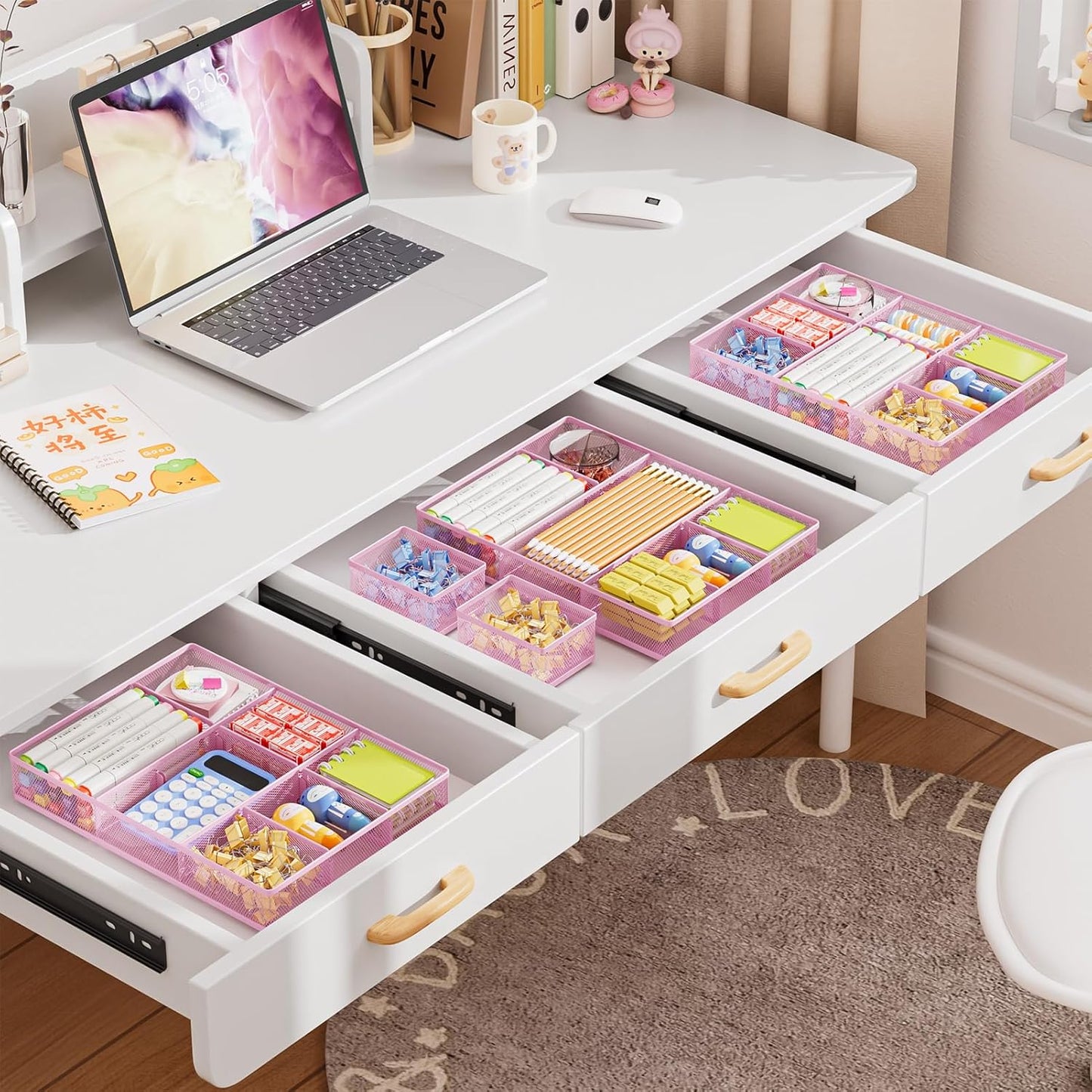 Marbrasse 3 Packs Desk Drawer Organizers, Metal Mesh Dividers with 9 Adjustable Compartments, Pen Organizer for Drawer Tray Box Accessories for Desktop,Kitchen, Makeup(Pink)