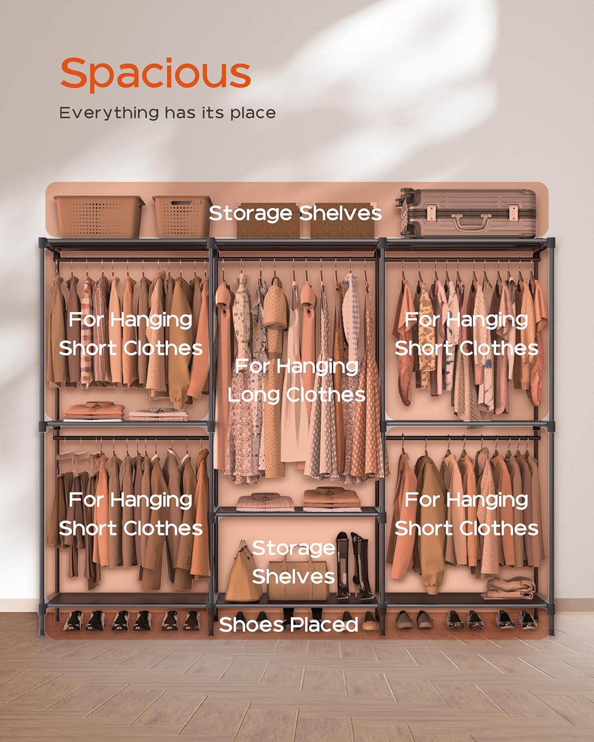 Clothes Rack, Portable Closet, 80.7 Inch Extra Large Capacity Wardrobe Closet, Clothes Storage Organizer with Shelves and 5 Hanging Rods, Easy to Assembly, Black PCT036B01