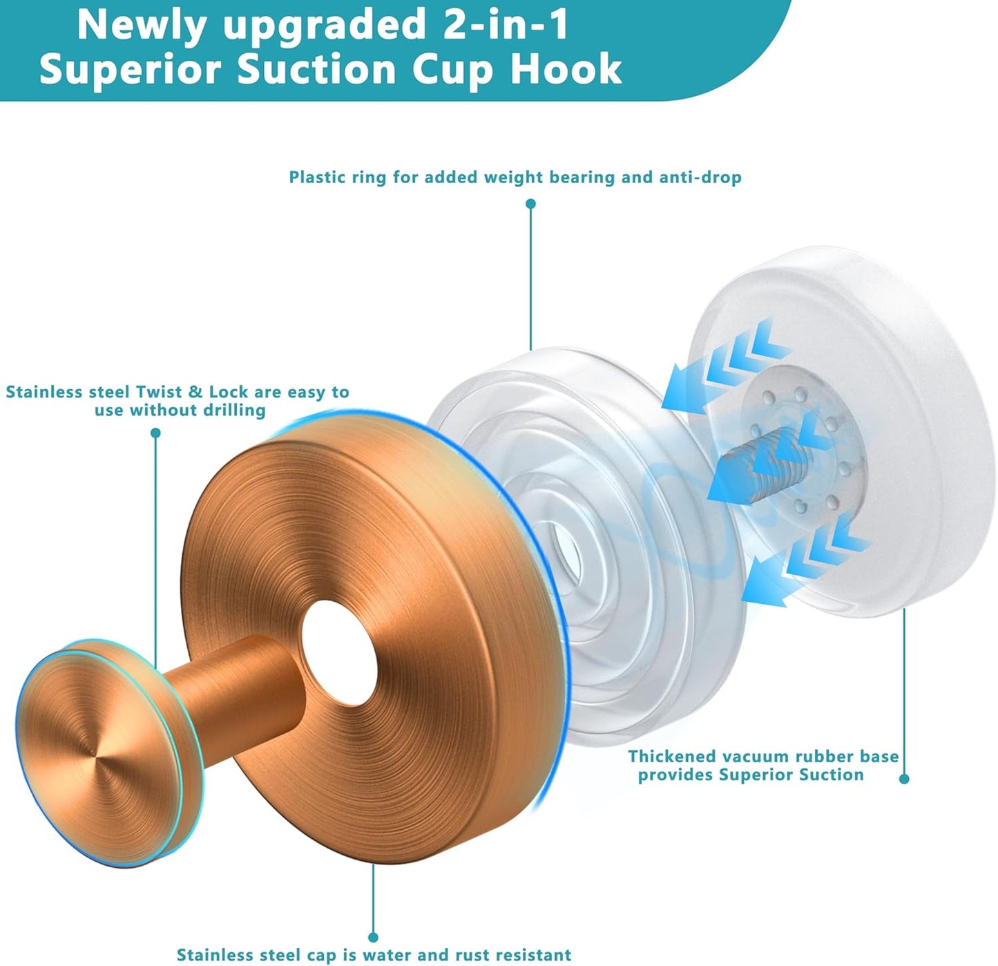 Suction Cup Hooks for Shower,Wreath Hanger for Front Door,Removable No Drill Towel Loofah Hooks,Upgraded 15 lbs Strong Suction for Bathroom,Wall,Glass,Stainless Waterproof-Rose Gold 4 Pcs