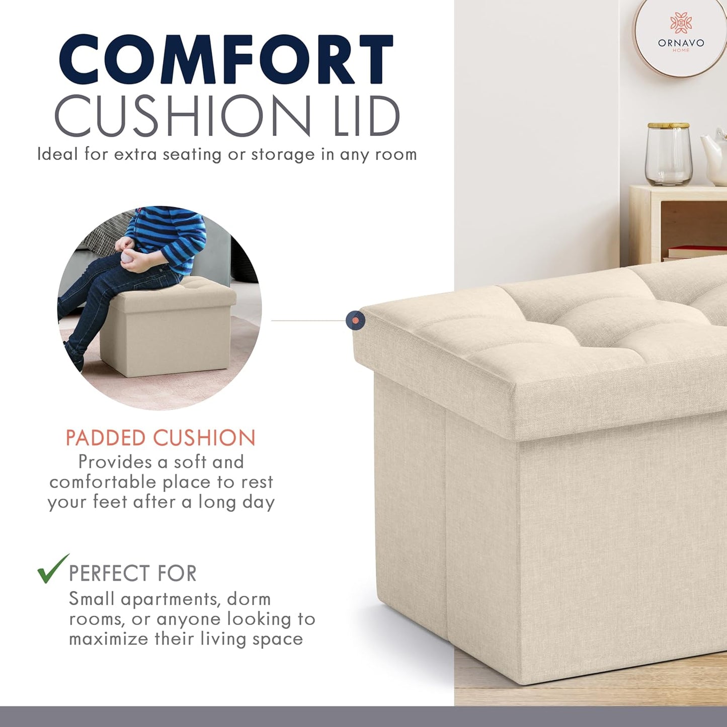 Ornavo Home Small Storage Ottoman Foldable Collapsible Rectangle Linen Ottoman Foot Rest Stool Seat, for Living Room, Bedroom, Home Office, Dorm - 12 x 16 x 12, Beige