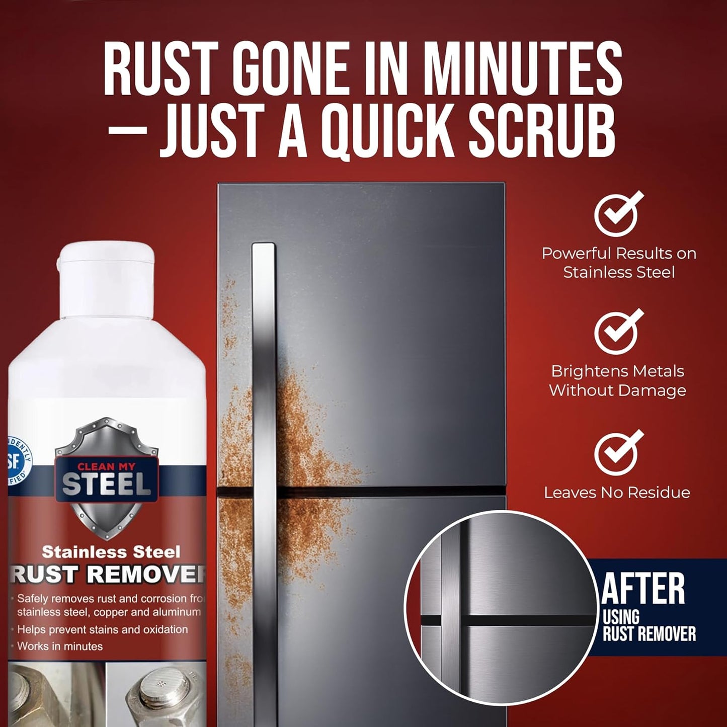 Stainless Steel Rust Stain Remover & Cleaner, NSF Approved Safe for Food Areas. Non-Toxic Stainless Steel Cleaner for Appliances is Perfect for Commercial Use, Your Fridge, Best Knife, Pan (17 oz)