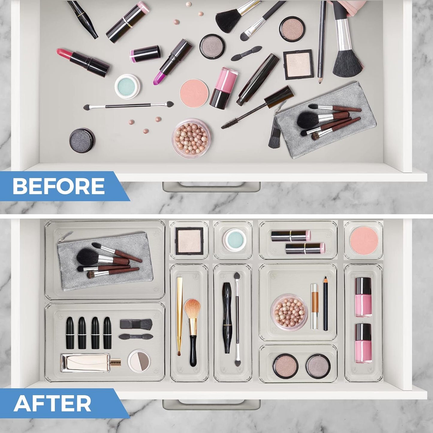 Ravinte 6 Pack Drawer Organizer - 3" X 9" Plastic Storage Bins, Acrylic Organizers with Non-Slip Pads Clear Desk Storage Tray for Makeup, Jewelries, Kitchen Utensils, Bathroom and Office