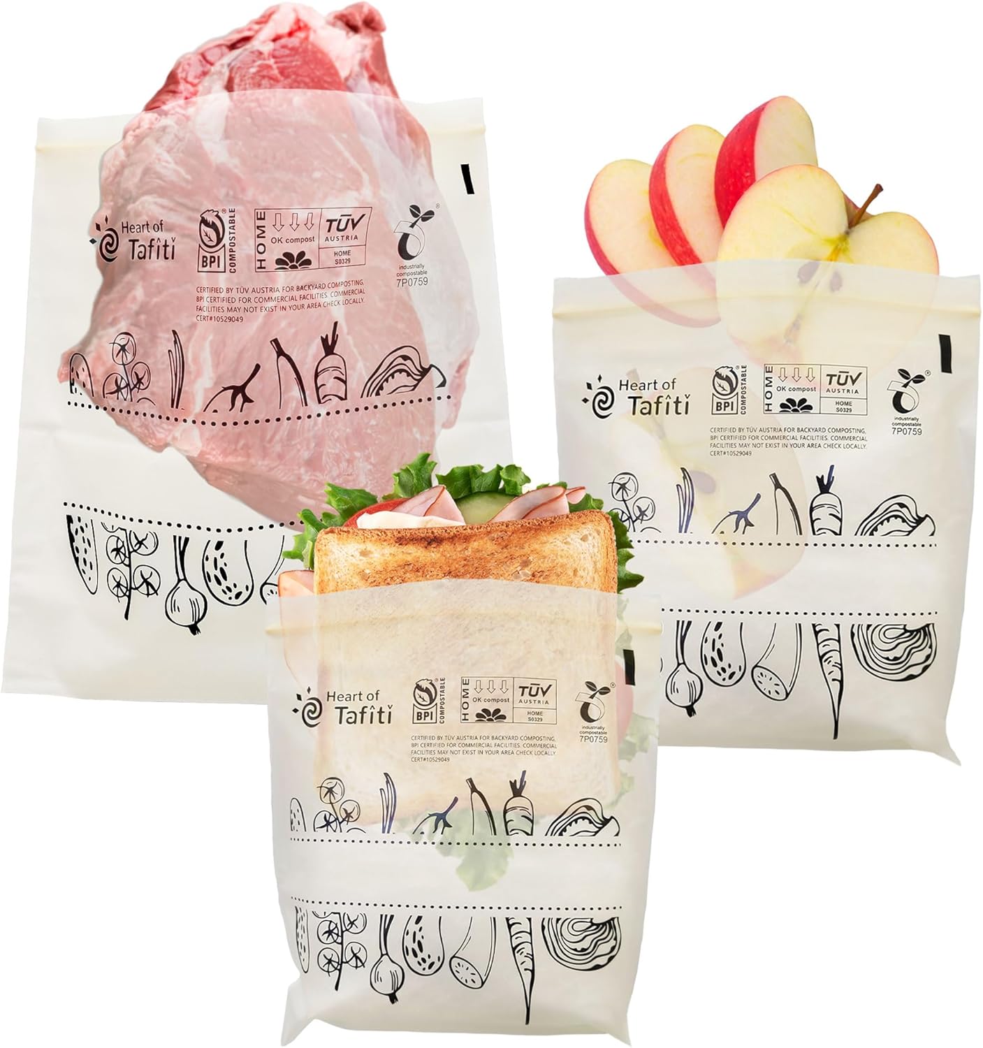 Compostable Food Storage Bags 110 Count, Extra Thick and Reusable, Eco-Friendly, Certified US BPI ASTM D6400 Europe OK Compost, Variety Pack for 50 Sandwich, 30 Quart, 30 Gallon