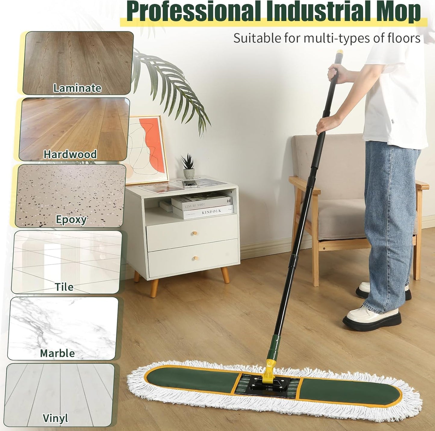 24" Commercial Dust Mop for Floor Cleaning, Heavy Duty Large Mop with Replacement Mops Pads, Industrial Duster Floor Wet Dry Broom for Cleaning Office Garage Hardwood Warehouse (Green, 24" mop)