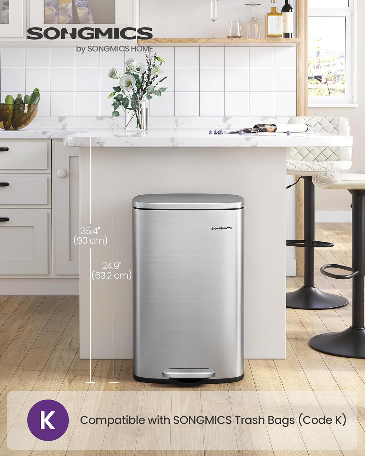 SONGMICS 13 Gallon (50 L) Trash Can, Stainless Steel Kitchen Garbage Can, Recycling or Waste Bin, Soft Close, Step-On Pedal, Removable Inner Bucket, Silver ULTB050E01