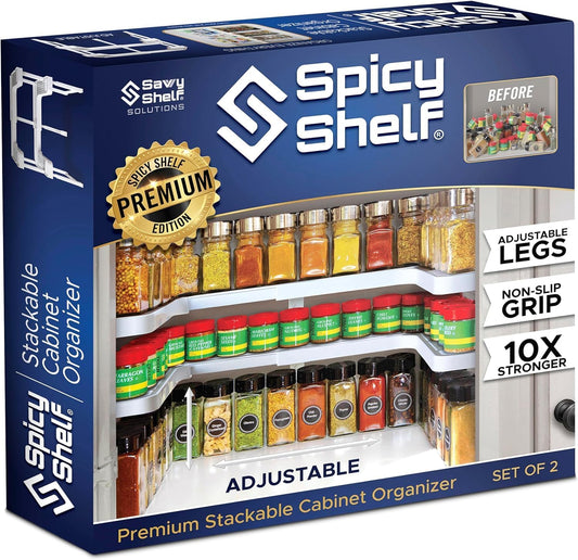 Spicy Shelf Premium – Expandable 2-Tier Spice Rack Organizer for Cabinets & Pantry – Adjustable Stackable Kitchen Seasoning Organizer – Strong Non-Slip Cabinet Organizer for Spices, Bottles & More