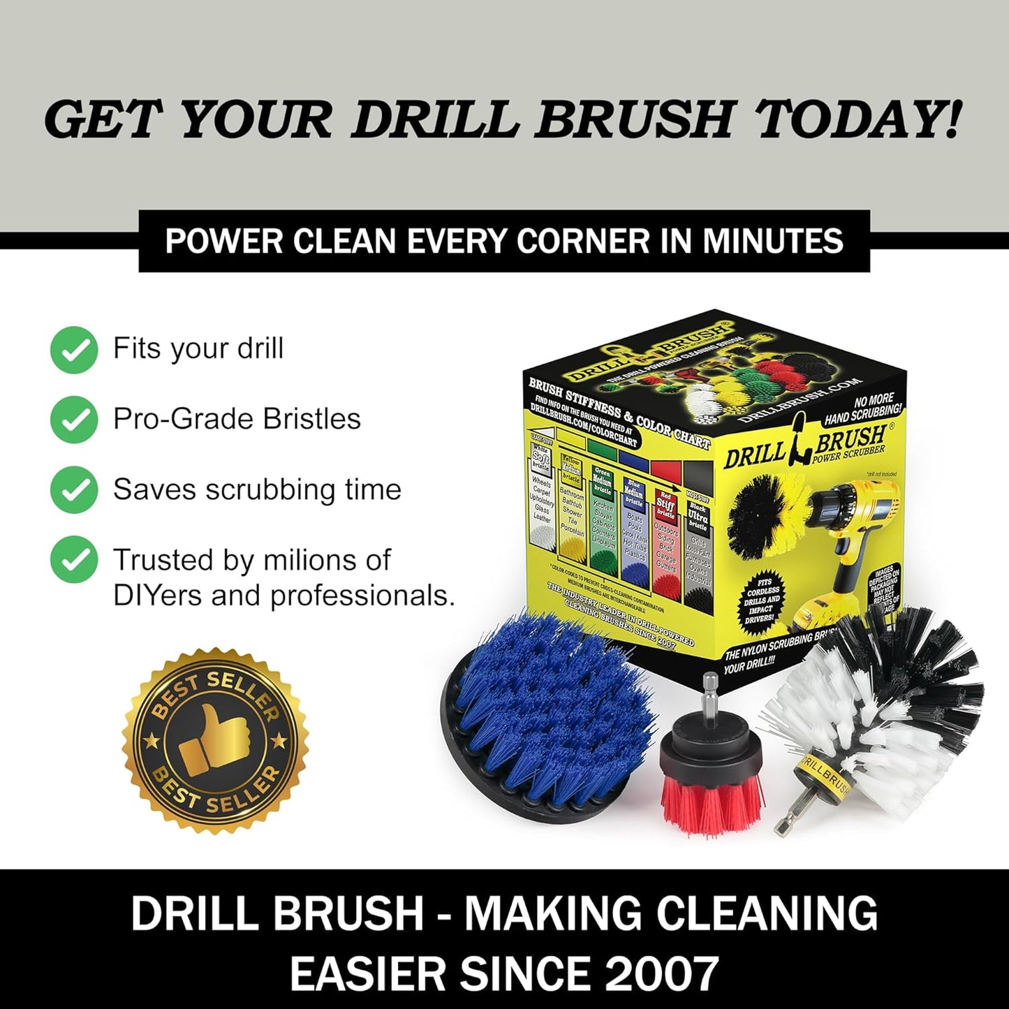 Drill Brush Attachments for Cleaning Carpet, Chairs, Seats, Wheels, Vinyl, Bathroom, Bathtubs, Shower, Tile, Grout, Trucks, Boats - Drill Brush for Car Detailing - Car Detailing Kit Interior Cleaner