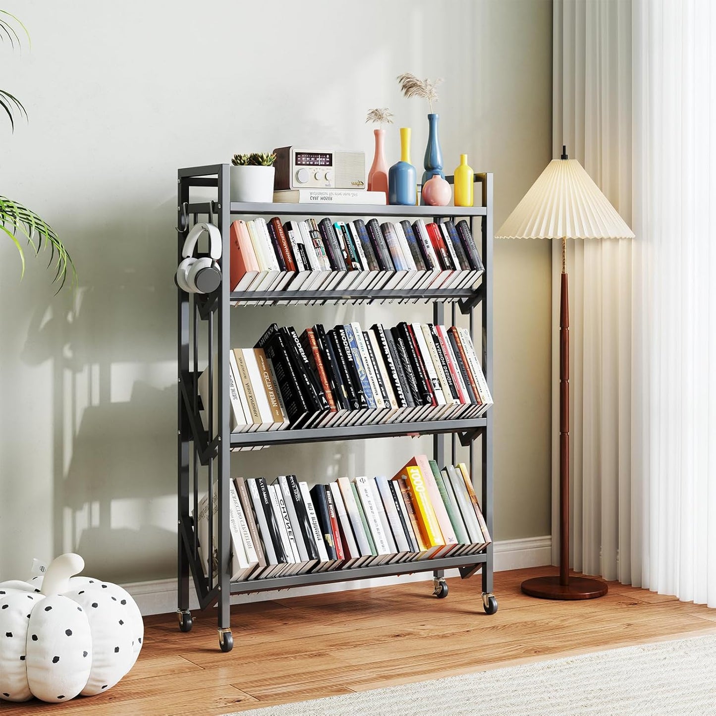 Book Carts 4 Tier 46.5x35.4x9.84 in Rolling Book Cart Large Capacity Bookshelf Storage Rack Mobile Book Storage with Wheels Cart for Home Office Living Room Classroom (Black)