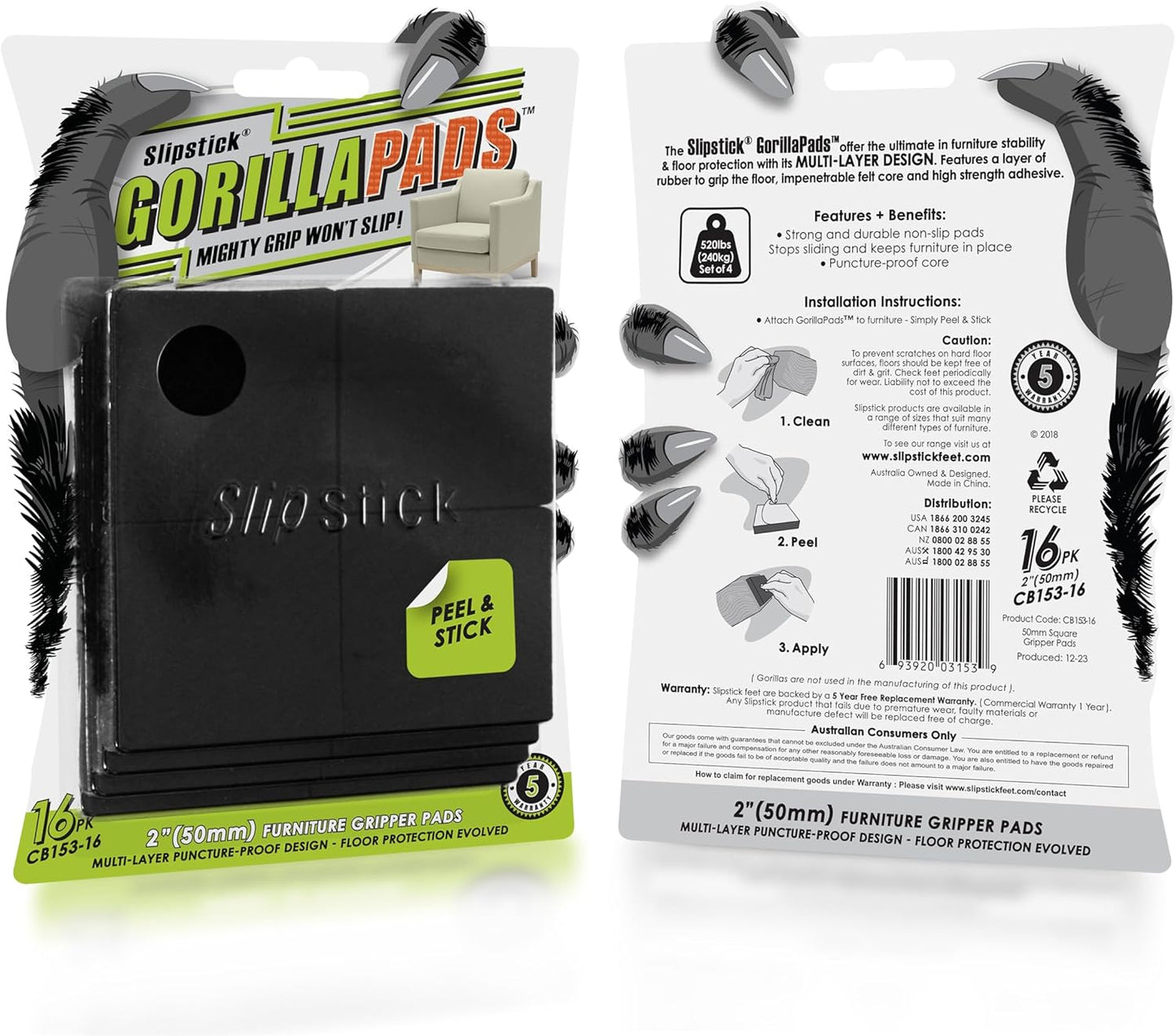 Slipstick GorillaPads Non Slip Furniture Pads/Gripper Feet Floor Protectors (Set of 16) Premium 2 Inch Square Self Adhesive Rubber Pads for Furniture Legs, Black, CB153-16