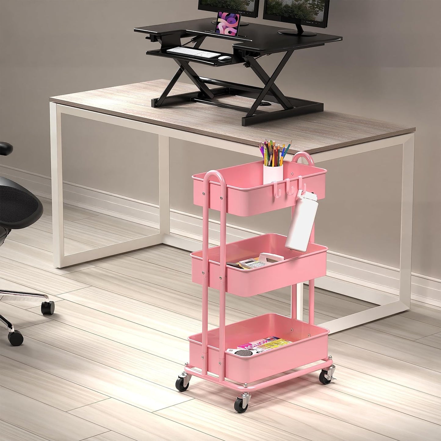 Simple Houseware 3-Tier Heavy Duty Metal Utility Rolling Cart, Pink