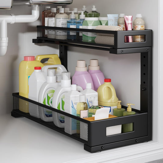 1 Pack 19IN Depth Under Sink Storage Organizer, Large 2-Tier Elegant Mesh Pull Out Shelf for Kitchen and Bathroom Cabinet Organization, L-Shaped and Adjustable Height Design-Black