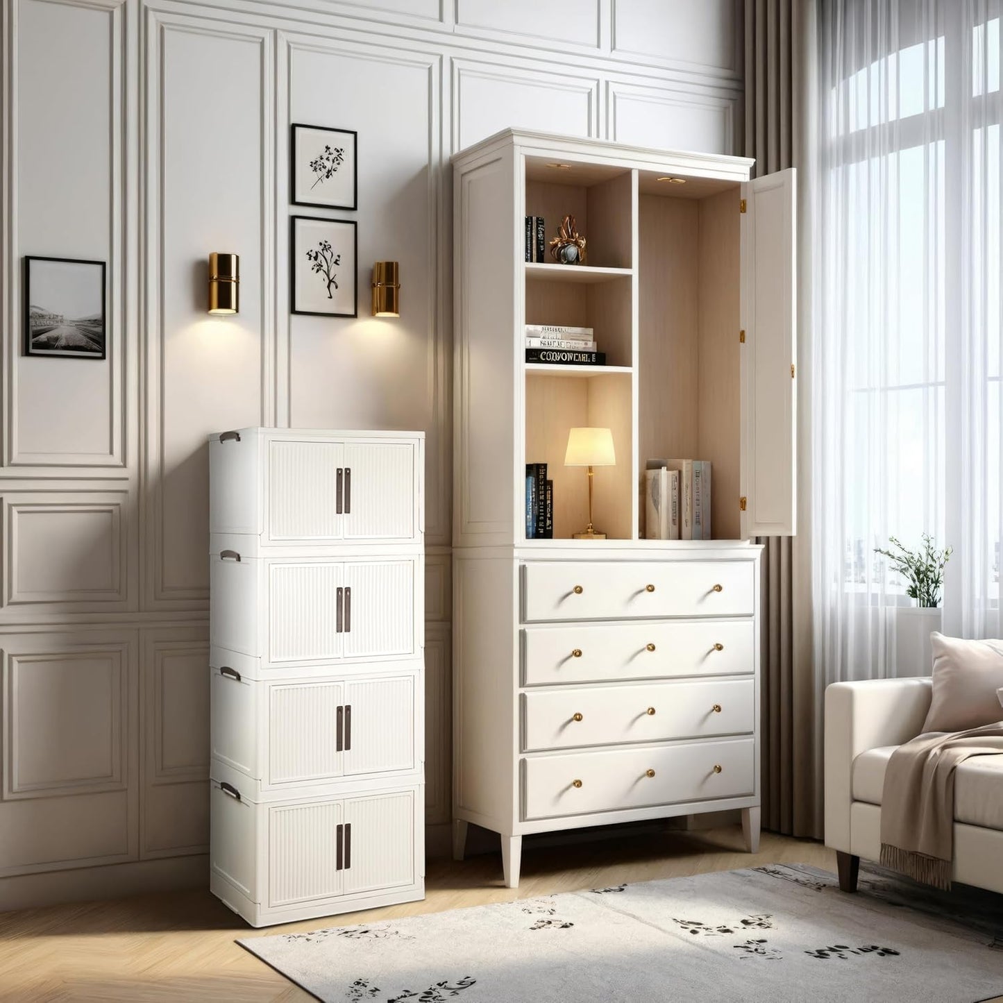 Stackable Storage Bins with Lid 55Gal/220QT Plastic Collapsible Storage Cabinet 5 Tiers Foldable clothes Organizers and Storage bins with Wheels and Doors for Home Office White